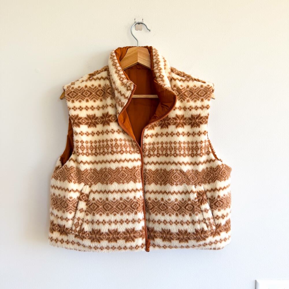 Thread & Supply Issey Reversible Crop Fair Isle Pattern Vest Brown Cream S